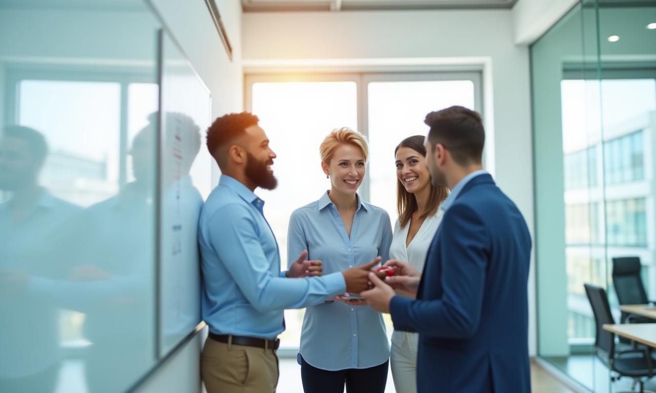 Diverse team collaborating in a modern office, representing innovation and partnership.